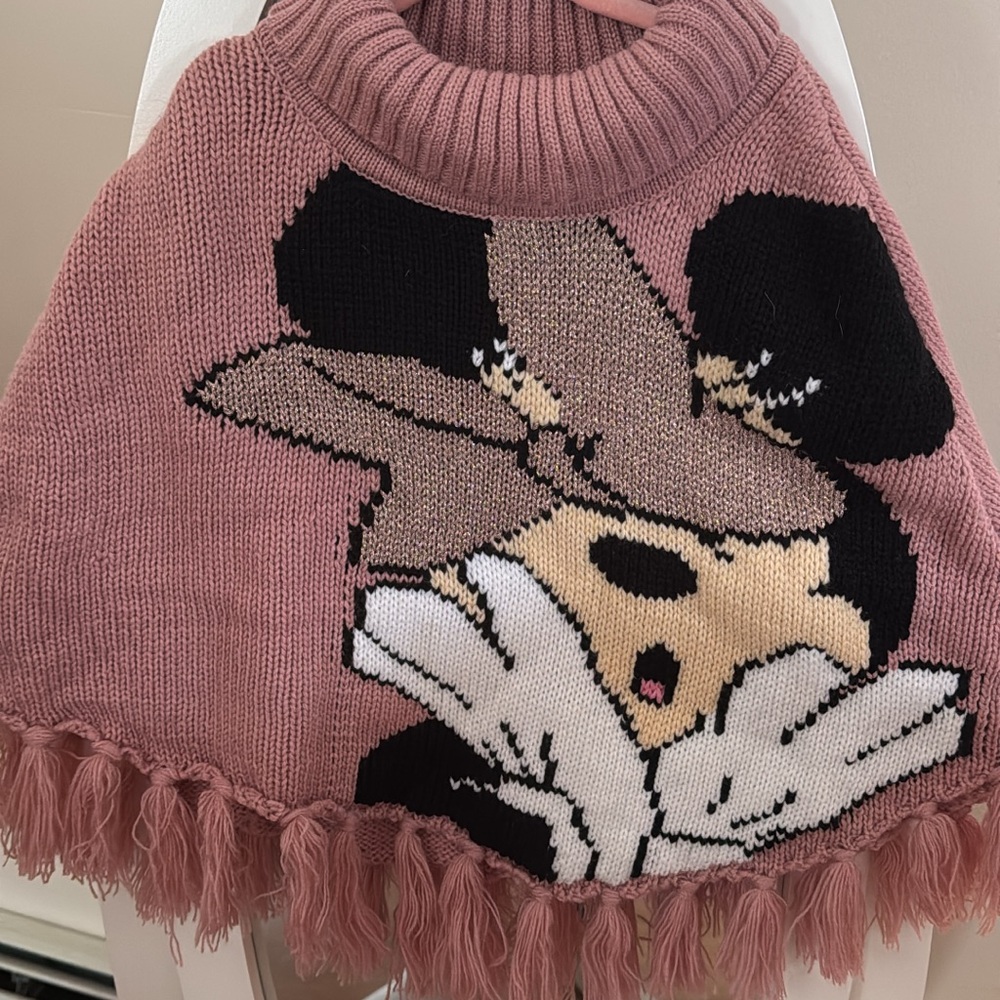 H&M Pink Knit Poncho with Cartoon Design